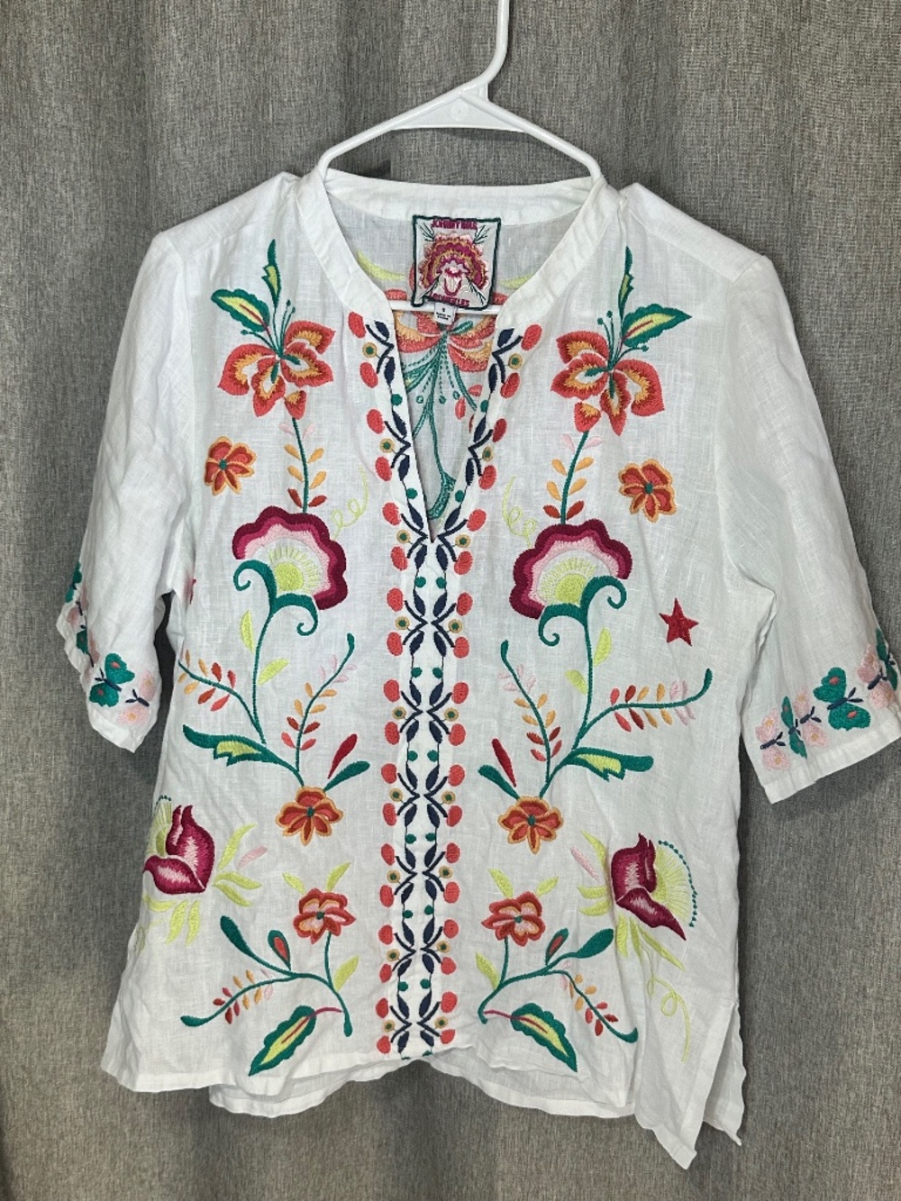 Johnny Was Averi Easy V-Neck Embroidered Linen Blouse White Top Small